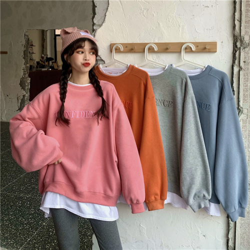 Thickened medium and long fake two-piece sweater women's Korean loose letter embroidery Plush thickened jacket