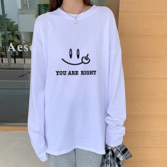 Smiling face printed long sleeve T-shirt women's 2021 autumn new ins fashion loose bottomed Shirt White T-Shirt Top
