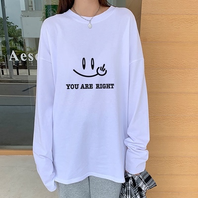 Smiling face printed long sleeve T-shirt women's 2021 autumn new ins fashion loose bottomed Shirt White T-Shirt Top