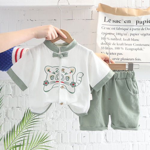 Boys' and girls' short sleeved suit children's Han suit ancient Chinese style Republic of China style Tang style baby boys' Antique children's fashion