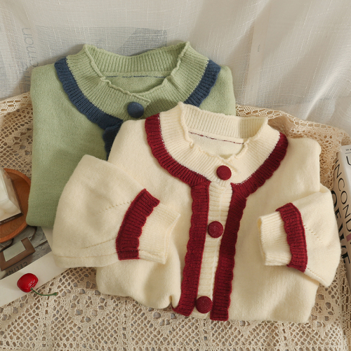 Contrast Matcha green knitted sweater cardigan jacket women's round neck loose short top sweet aging