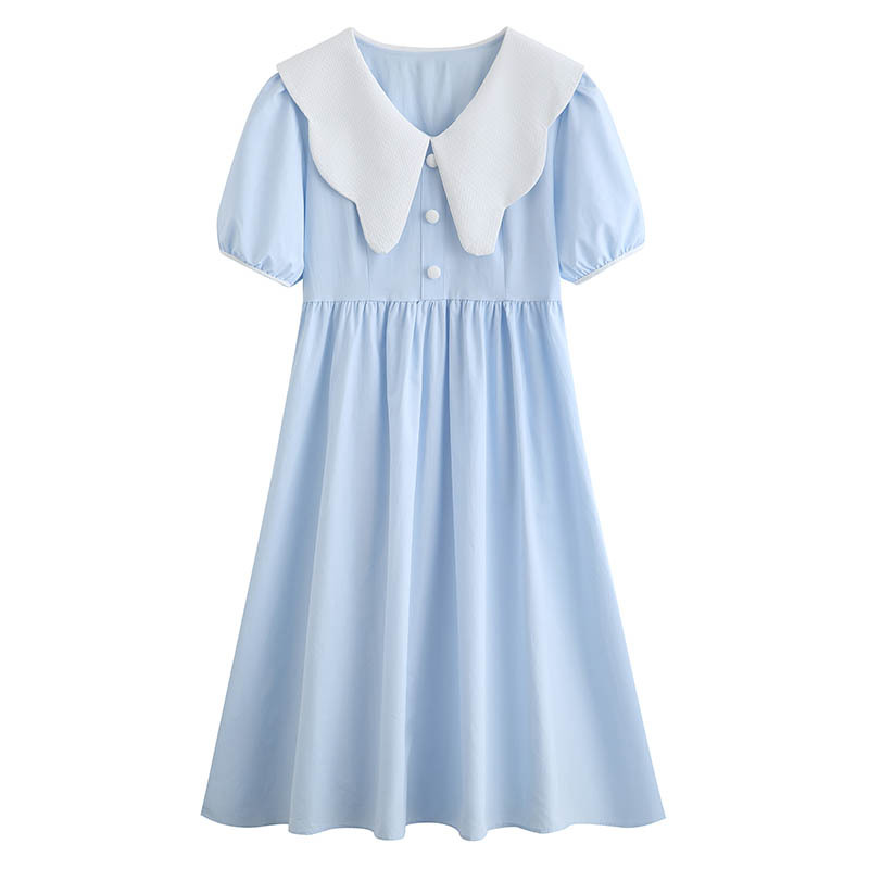The first baby collar bubble sleeve blue dress of the whole network, French sweet, slim fairy skirt