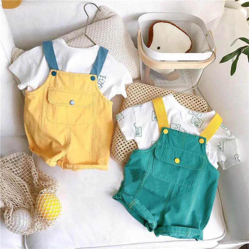 Children's suspenders two-piece set 2022 new girls' boys' summer outer shorts foreign style Korean suit fashion