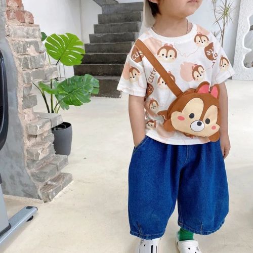 Cute cartoon satchel children's summer personalized Pullover short sleeve T-shirt ins style boys and girls' casual western style top