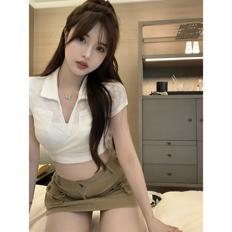 Official figure 30 cotton 63 polyester 7 spandex design sense niche short sleeve T-shirt women's summer white