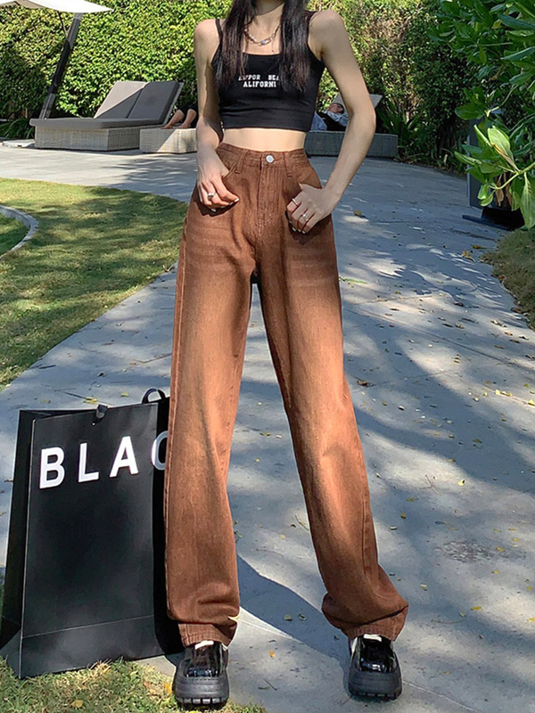 Brown high waisted jeans women's American retro 2022 summer loose straight Hong Kong Style Brown wide leg pants