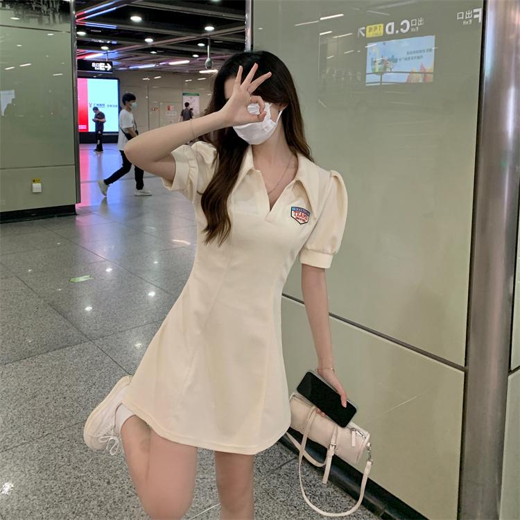 Waffle A-line skirt American Spice Girl polo dress women's pure desire in summer, close waist, thin bubble sleeve