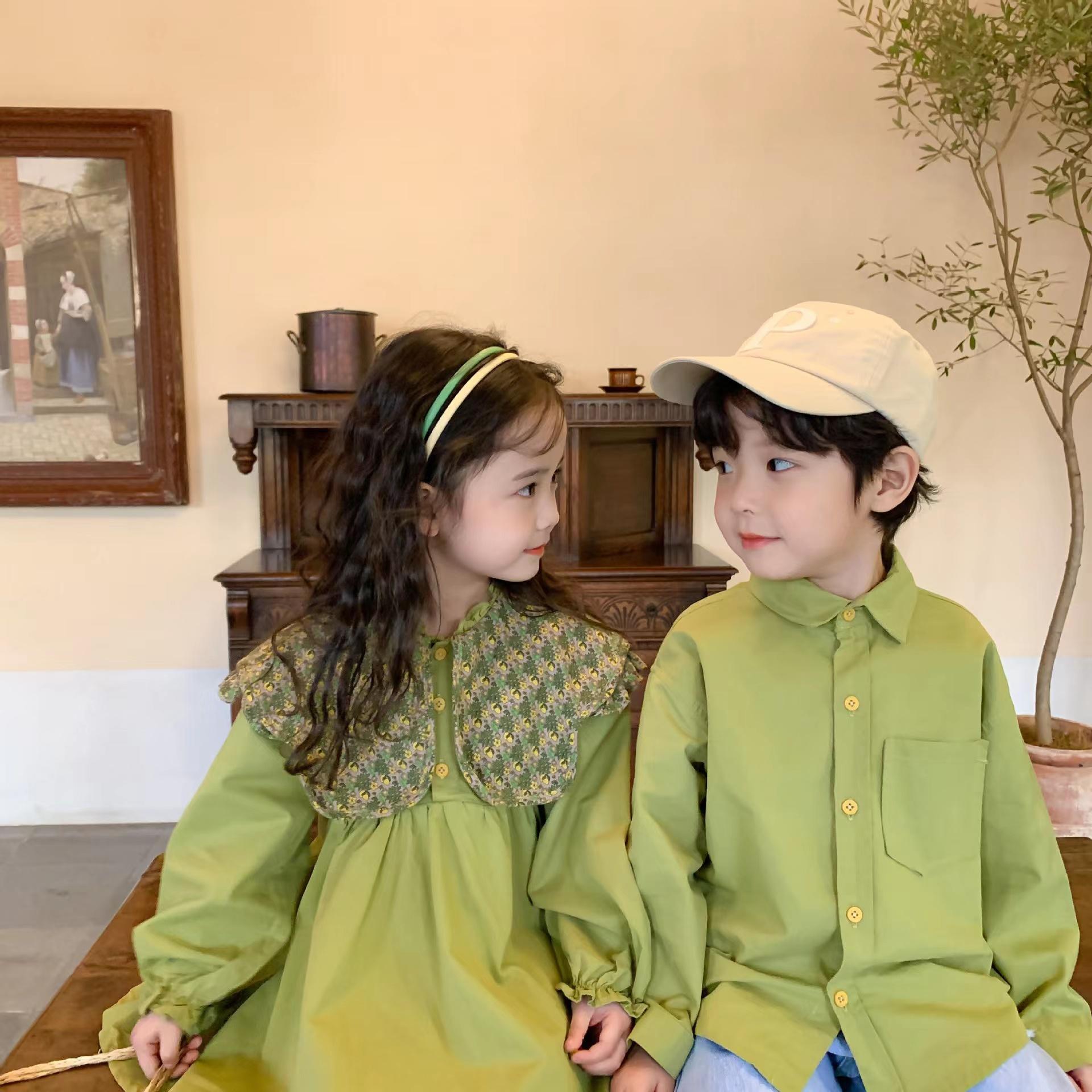 Girls' dress long sleeve 2022 spring children's Avocado Green Floral collar princess skirt baby Lapel skirt