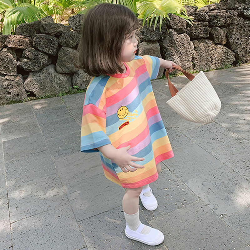 2022 summer new children's wear Korean girls' stripe rainbow medium long short sleeve T-shirt children's dress