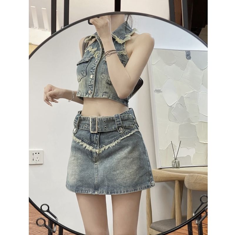 American retro Spice Girls fried Street sleeveless Denim Short Tank Top Women + high waist slim skirt two-piece set
