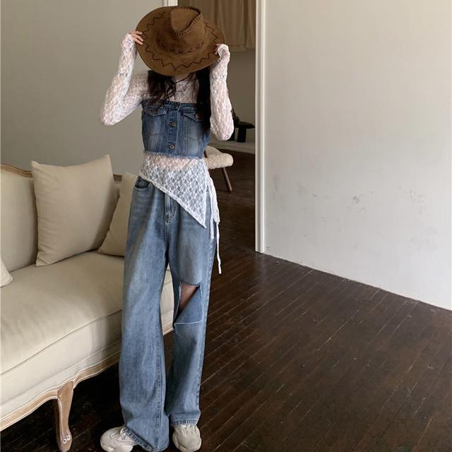 One piece suit pure sexy girl ~ denim vest vest vest strap top + strap sunscreen long sleeved lace up student