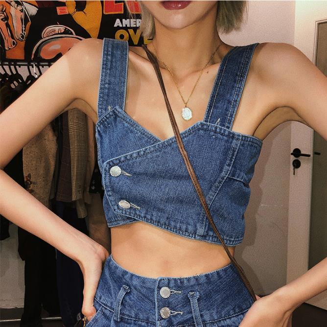 Li Wanjun blue denim suit female summer fried Street thin high waist denim wide leg pants sexy suspender vest top