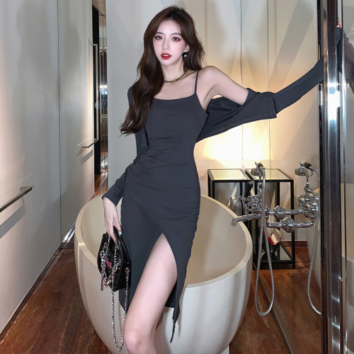 Real shot Korean version of Qi Xian thin cardigan top suspender split dress net red suit female pure desire style