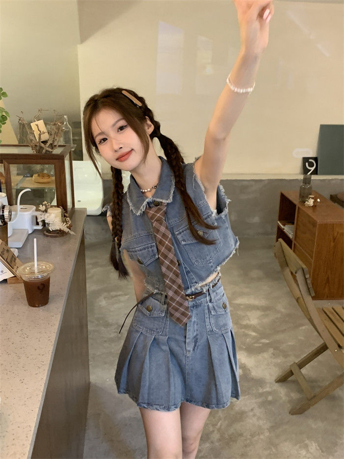Pure style retro Spice Girl Cowboy short vest women's summer new high waist A-line skirt two-piece set