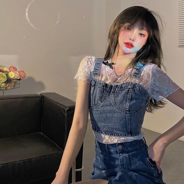 One piece suit cool school bully female owner ~ jacquard white lace backing + Vintage denim vest short suspender set