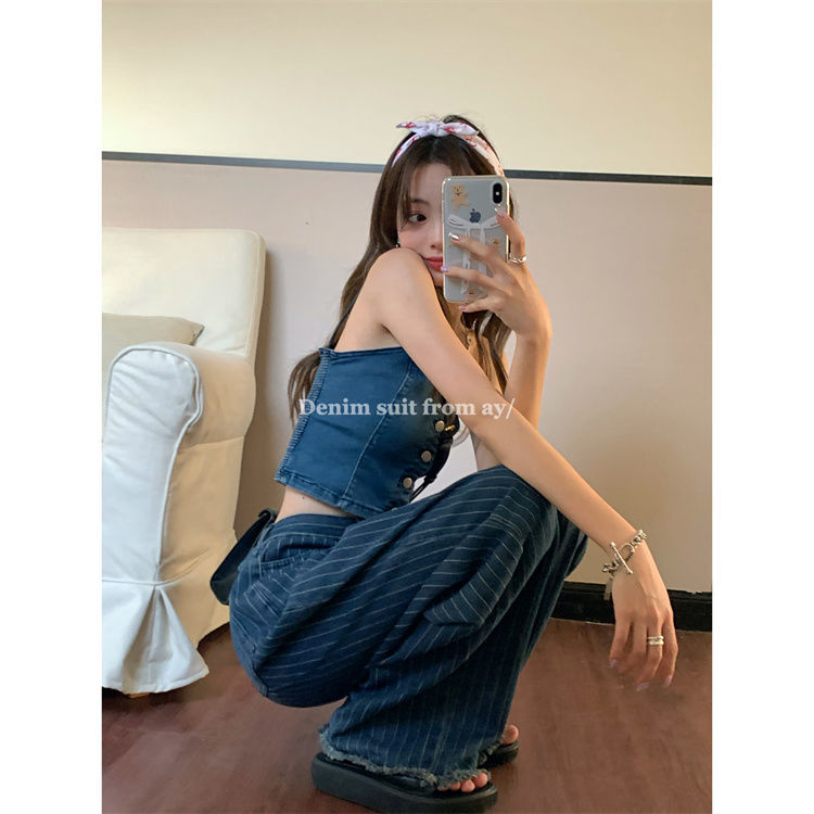 Vintage Spice Girl Cowboy Strapless tank top female summer small tall straight tube striped wide leg pants two piece set