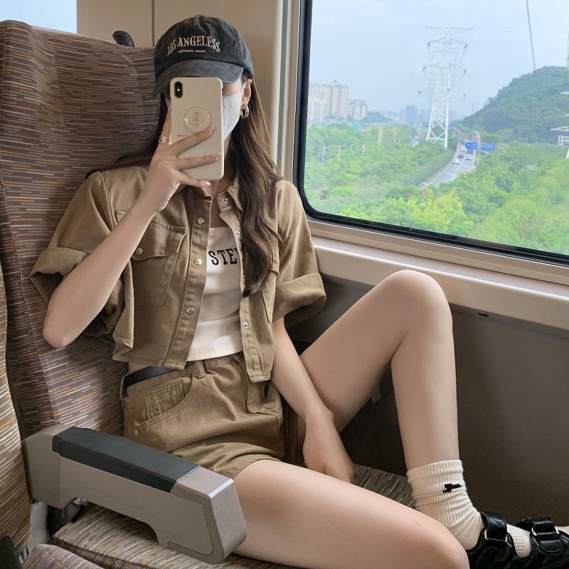 Two piece suit / one piece summer fashion denim loose polo collar short coat + slim Wide Leg Denim Shorts