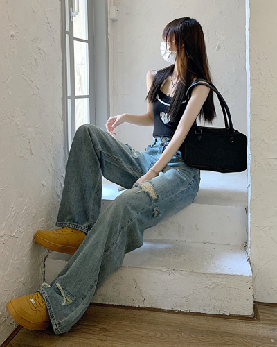 Real auction real price 2022 summer new broken jeans women's Retro washed high waist thin wide leg pants