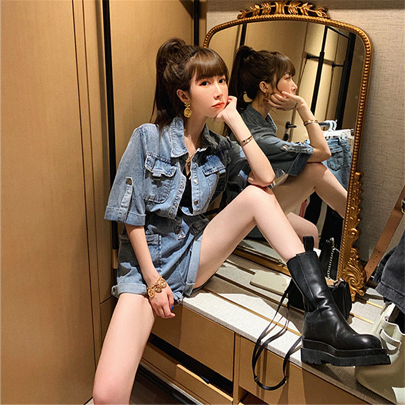 Cool and cute denim Jumpsuit 2022 Korean summer retro loose short sleeve hemmed design Jumpsuit set