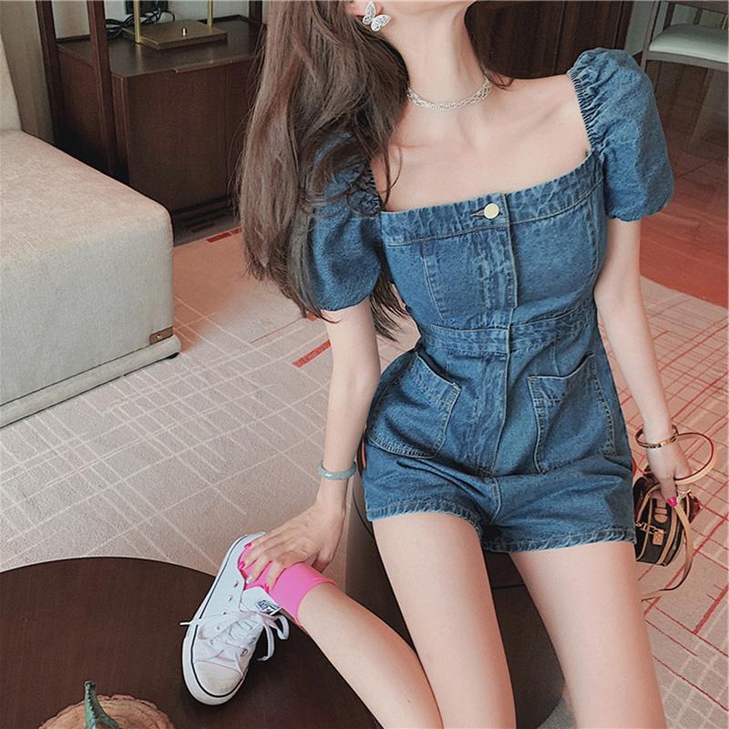 Square neck denim Jumpsuit women's loose Korean style 2022 new summer retro bubble sleeve small Jumpsuit shorts