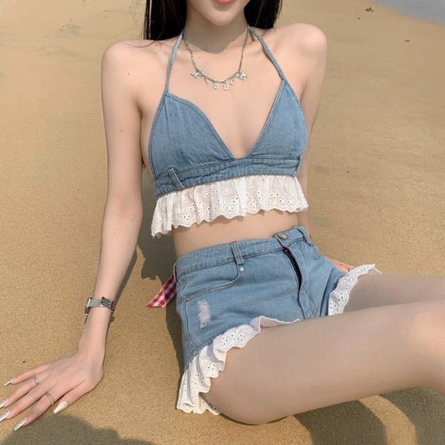 Spice Girl neck suspender women's one-piece suit net red short sleeveless vest sexy back top jeans blouse