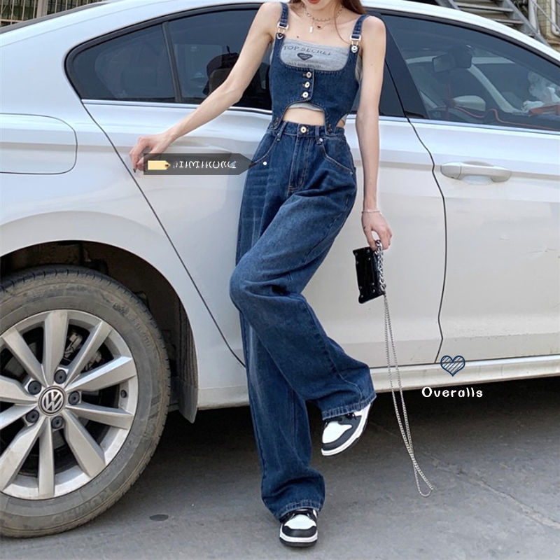 Vintage loose suspenders women's jeans summer design sense of niche hollow Jumpsuit high waist straight pants