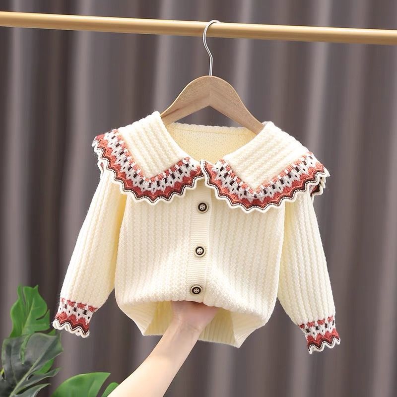 Girls' autumn and winter new cardigan sweater girls' big Lapel foreign style jacket children's Korean foreign style lace sweater