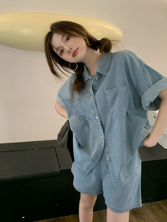 Fashion suit women's loose thin short sleeved shirt top summer New High Waist Wide Leg Denim Shorts two-piece set