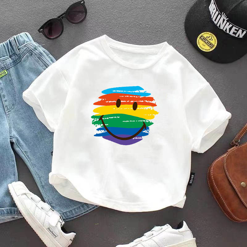 Boys' T-shirt summer clothes 2022 new children's smiling face T-shirt cotton short sleeve printed baby half sleeve bottoming shirt summer