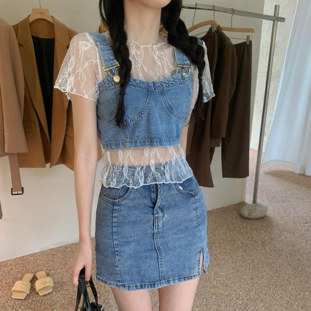 Denim suspender net red vest for women to wear out in summer, fashionable Spice Girl one-piece suit, short lace backed sleeveless top