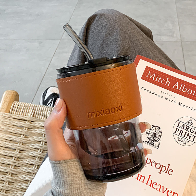 Simple water cup girl's high beauty with straw summer office glass anti scalding portable student bamboo cup