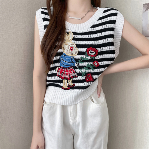Real price real shot rabbit embroidery knitted vest women's summer red stripe sleeveless top