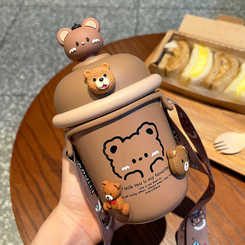 Cute thermos cup female student portable 316 stainless steel cup with small strap water cup children's water bottle