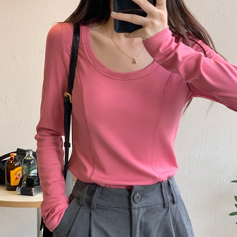 Real shot Korean ins retro lines slim bottomed T-shirt women's autumn and winter U-neck temperament with top inside
