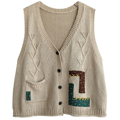 Vintage Hand Embroidered thread paste cloth cotton knitted cardigan vest spring loose vest girl