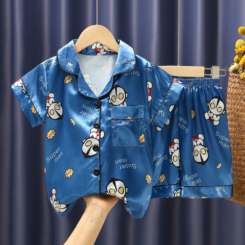 Children's pajamas men's summer ice silk short sleeved thin cute cartoon middle school children's and little girls' pajamas air conditioning suit set