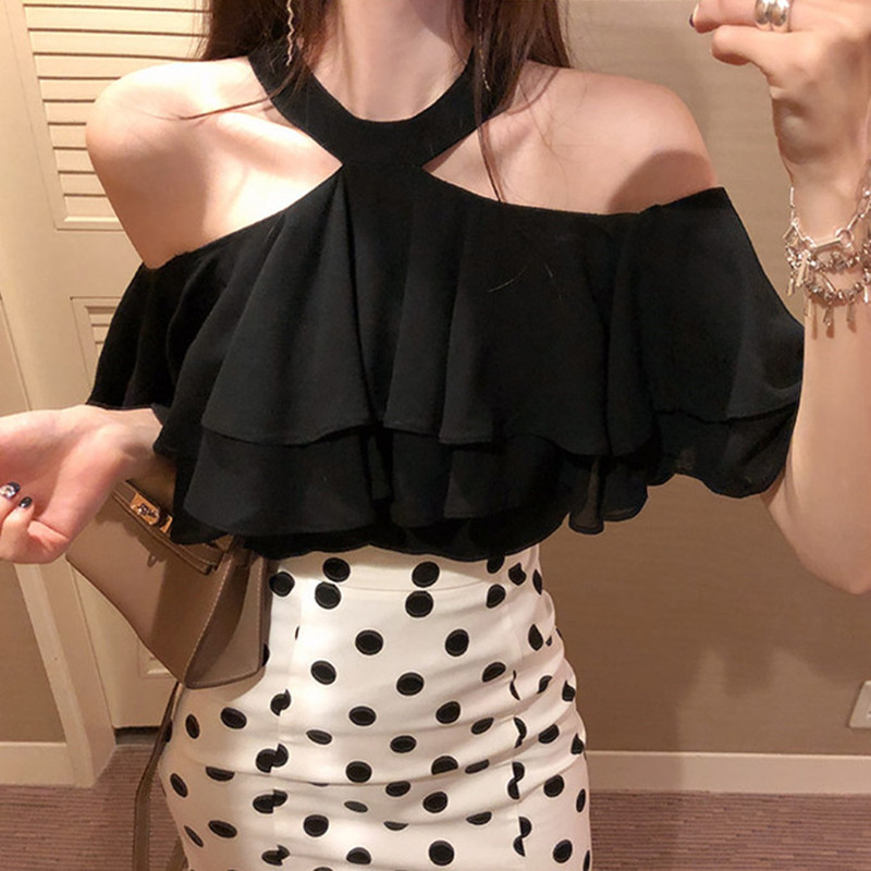 Hanging neck machine top very fairy 2022 summer sexy off shoulder chiffon shirt super fairy Ruffle collar bone leakage shirt