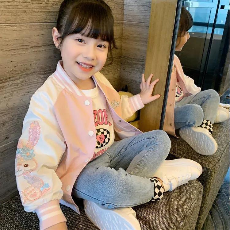 Girls' coat 2022 new children's spring clothes net red fried Street cartoon bomber little girls' jacket long sleeved top