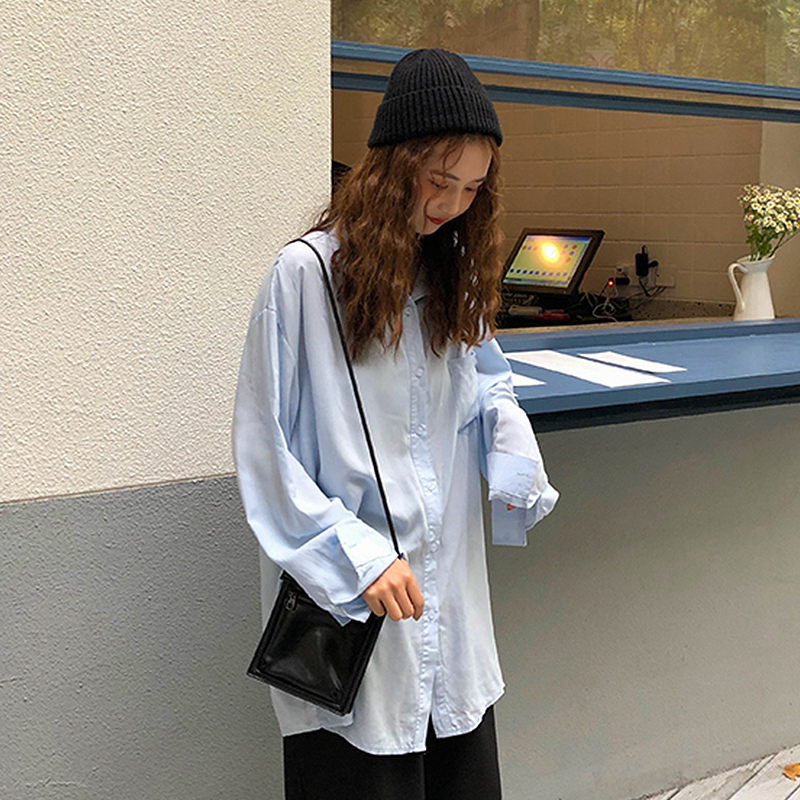 Real shot simple lazy style solid color single breasted top women's versatile long sleeve loose bottomed shirt
