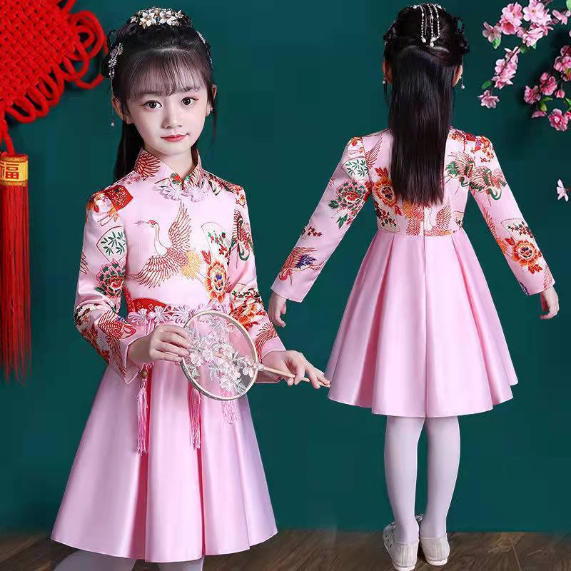 Hanfu girls' spring and autumn dress children's ancient clothes super fairy Chinese style spring girls' cheongsam skirt Tang spring dress