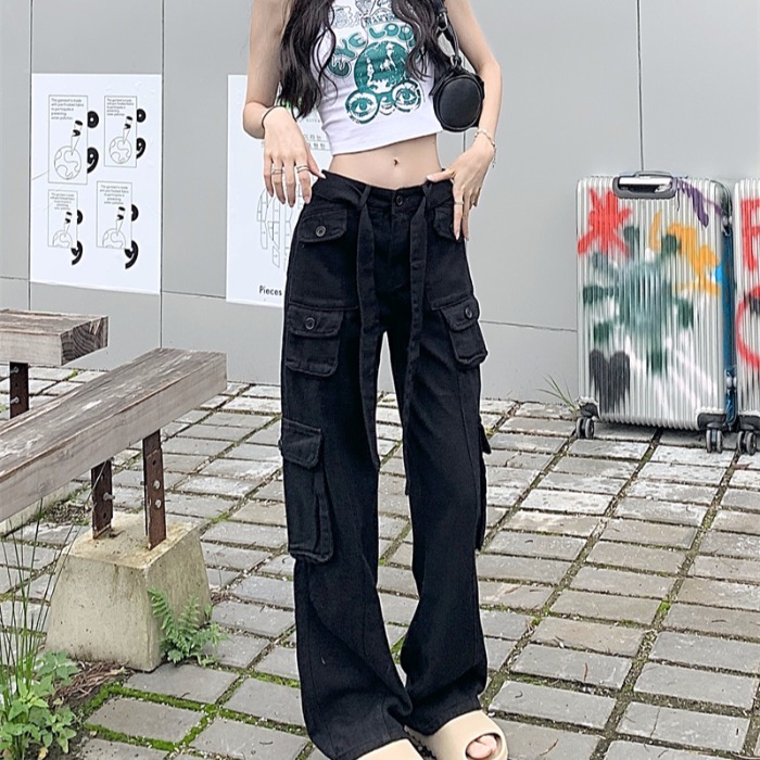 Non real sale high waist straight overalls sweet cool thin wide leg loose casual jeans
