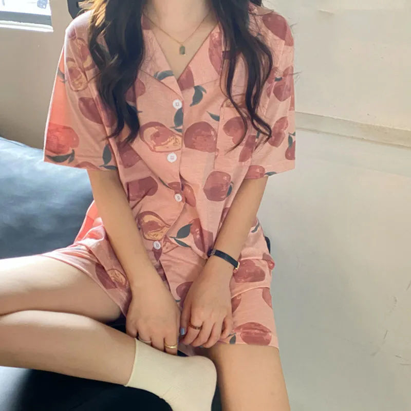 Japanese ins nightwear women's summer thin short sleeved shorts are sweet and cute. Students can wear two-piece home clothes outside