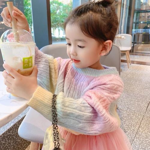 Girls' autumn clothes 2022 new parent-child rainbow knitted cardigan children's exotic sweater Pullover baby sweater