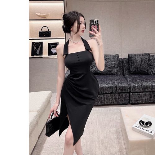 Real photos of women's French black dress, neck style button slim fit, hip slit dress dress