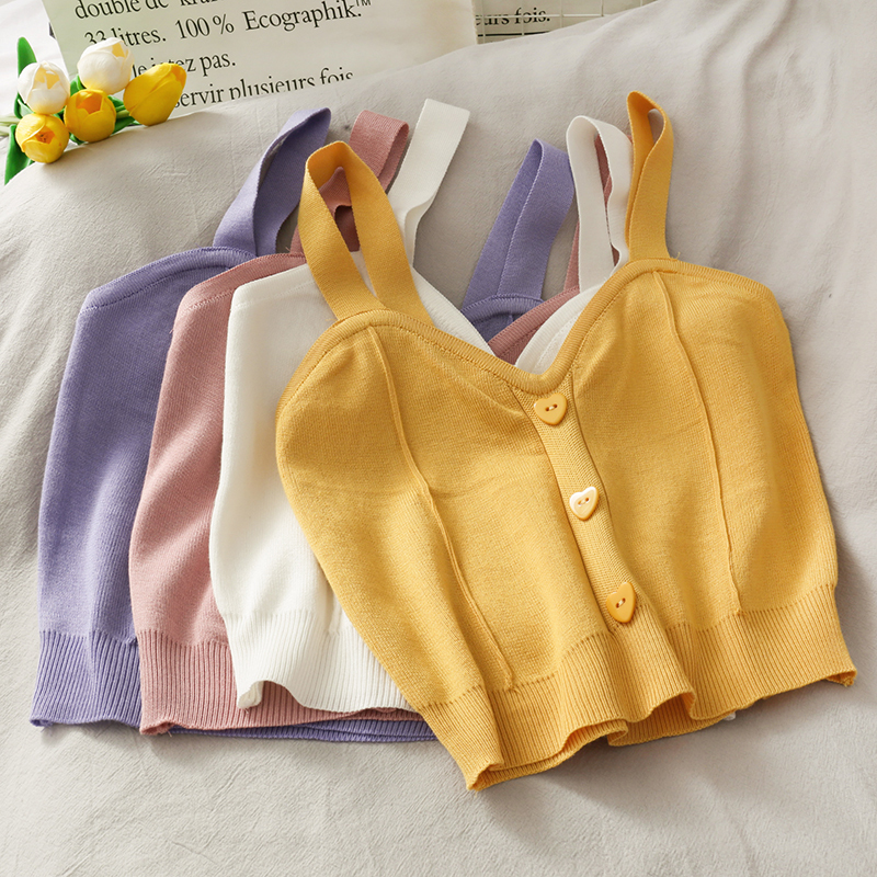 Sweet style love button short navel exposed knitted vest women's summer 2022 slim suspender