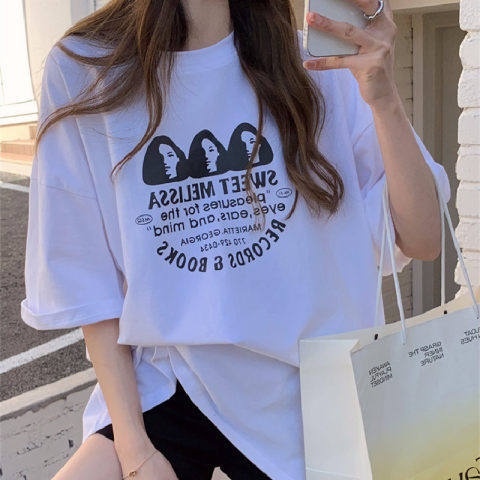 2022 new casual printed T-shirt women's summer round neck loose drop shoulder short-sleeved top