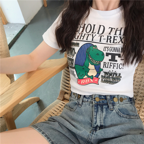 Real price cotton short style belly button leakage women's clothing Hong Kong Style dinosaur slim