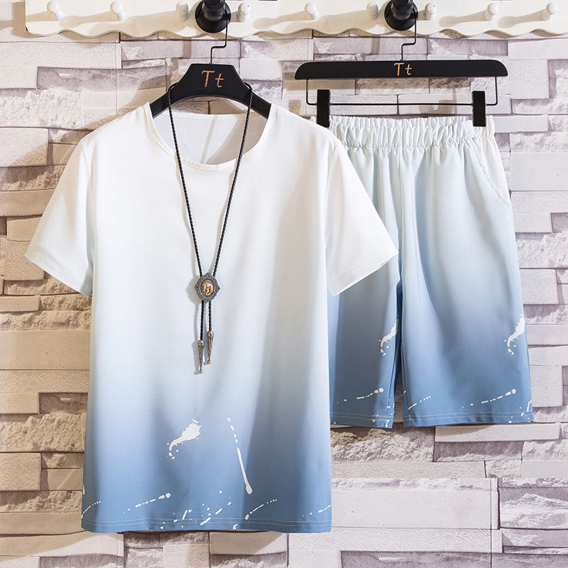 Ice silk pajamas men's summer thin breathable short sleeved suit students' leisure quick drying home clothes large size sports suit