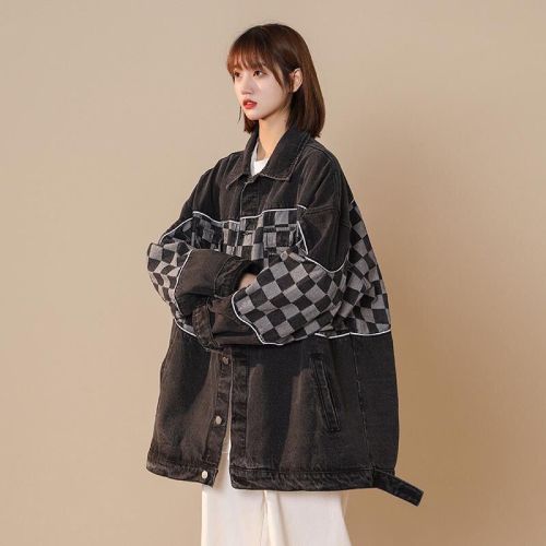 Washed denim jacket women's design sense niche checkerboard patchwork bomber 2022 New Vintage Port style top