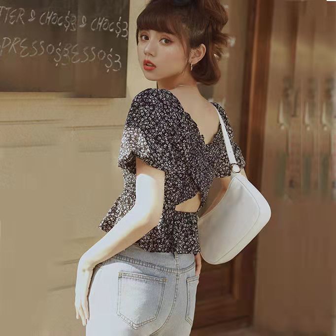 Backless Floral Chiffon shirt women's new 2022 summer dress versatile slim fit square neck bubble sleeve pleated upper garment